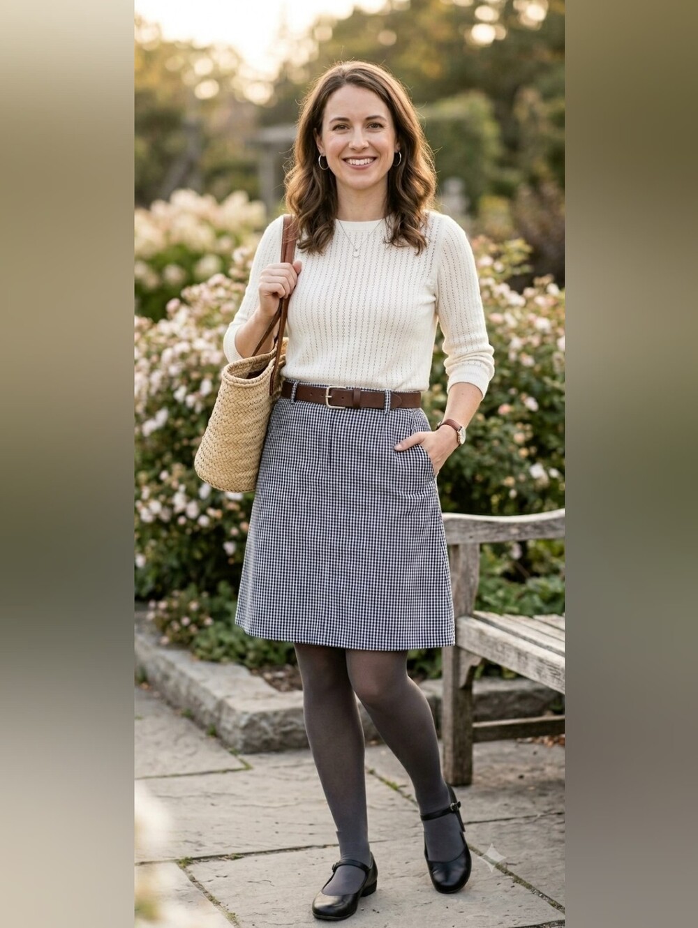 Liz Claiborne Black White Gingham Cotton Belted Skirt Preppy Size 10